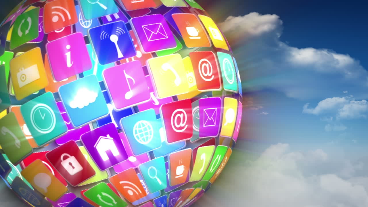 하늘 과 구름 위 에 디지털 아이콘 으로 형성 된 지구 의 애니메이션