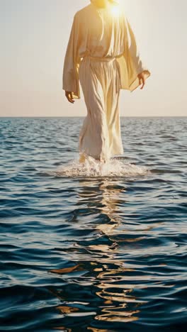 Barefoot prophet wearing tunic walking calmly on the surface of the water performing a miracle in the sea of Galilee with robe reflecting on the rippled water surface
