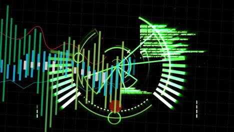 Animation-of-financial-data-processing-and-scope-scanning-over-black-background