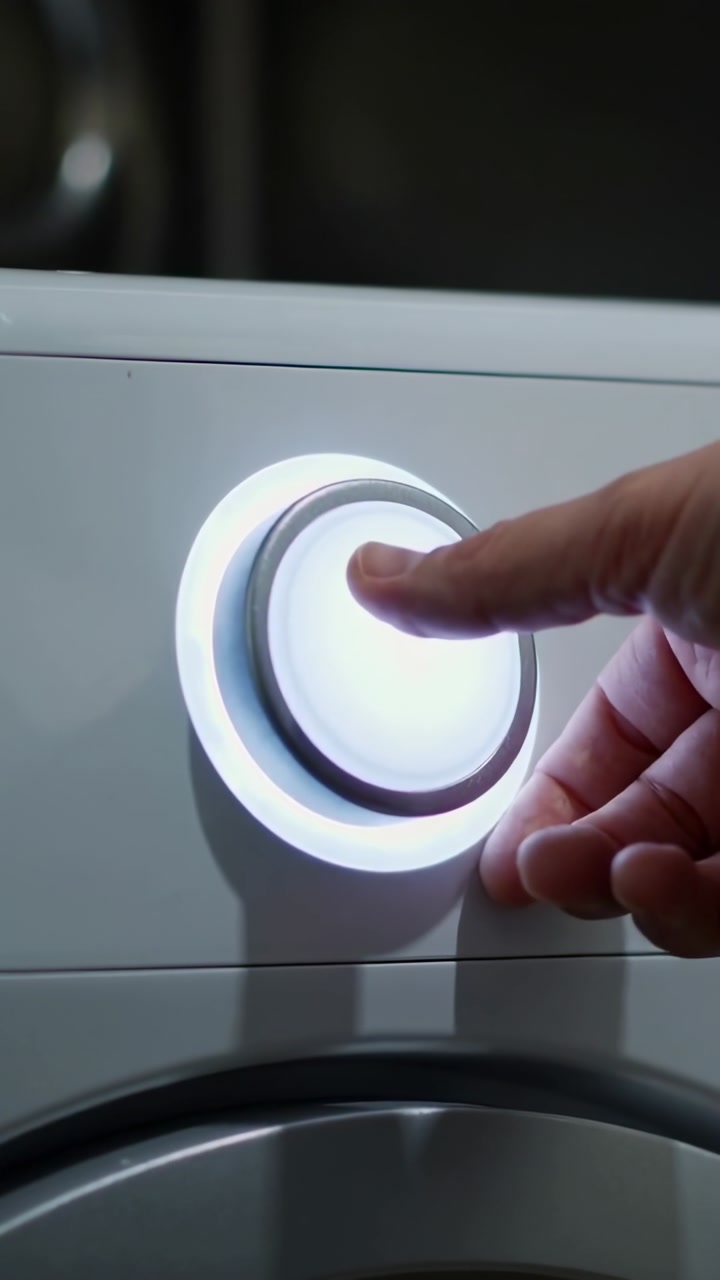 Right hand pressing lit control knob on washer panel after fingertip approaching to start cycle