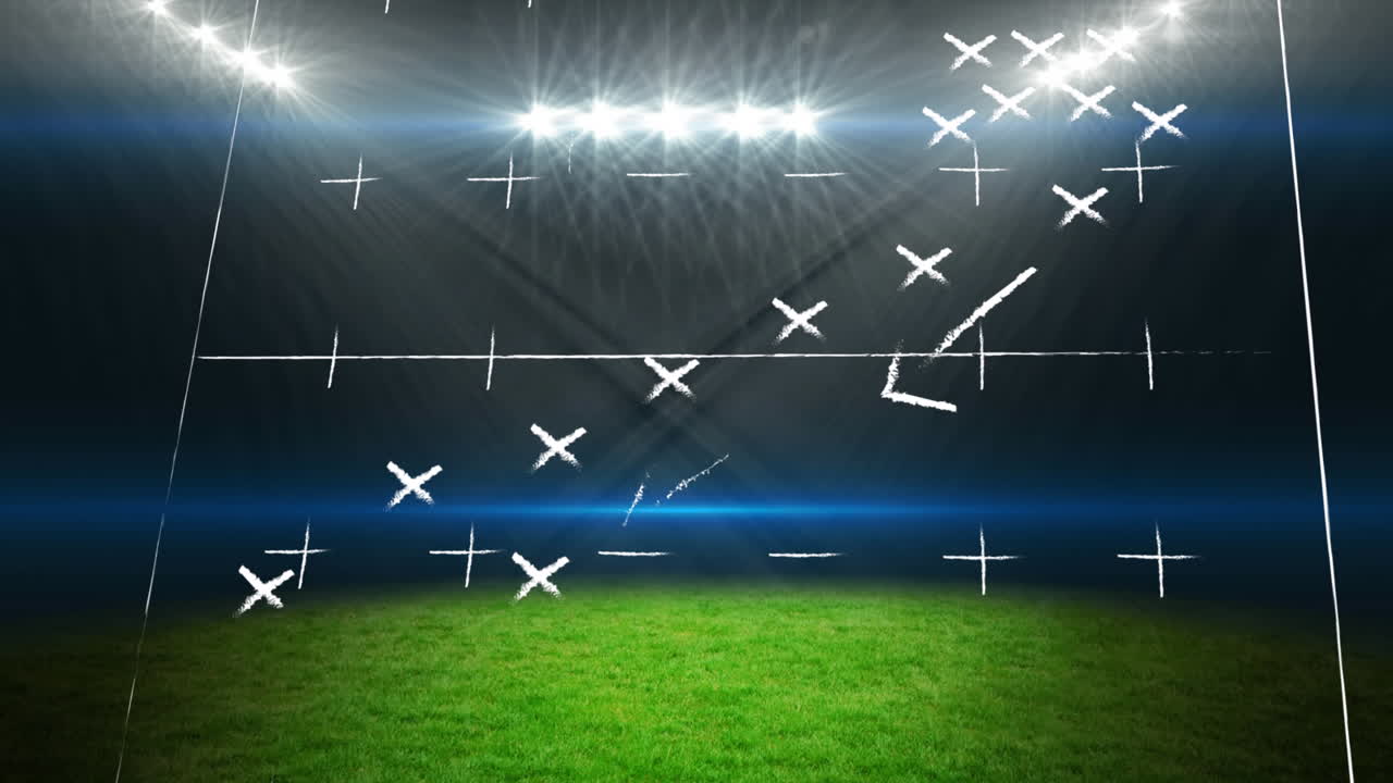 Animation of sports stadium over plan of stadium