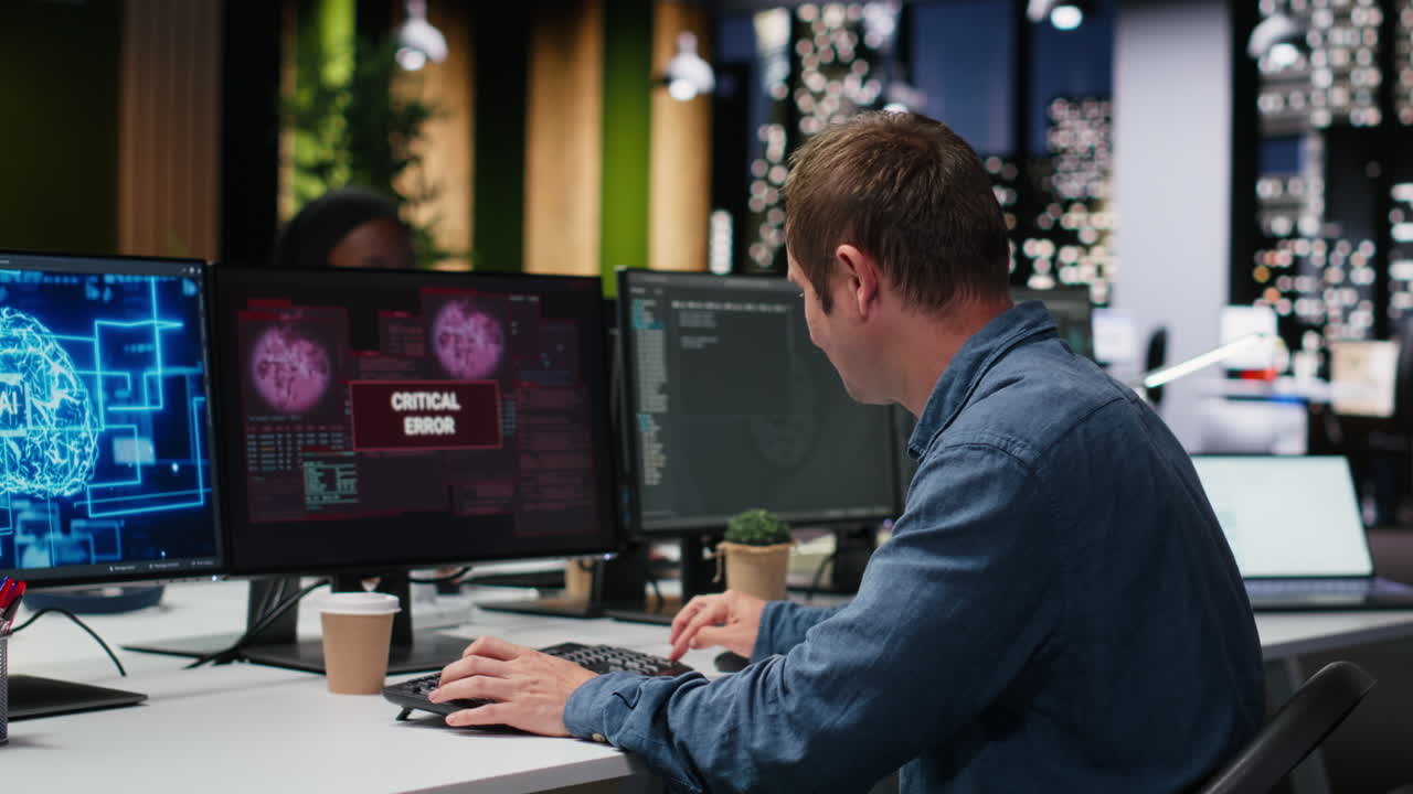 Programmer Reacts to Critical Error Message on Computer Screen in Office