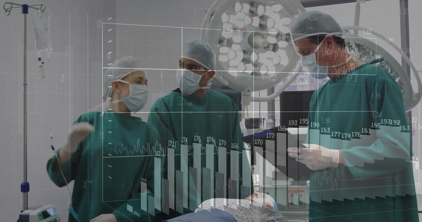 Medisch team voert operatie uit in operatiekamer, toont geanimeerde ECG-golfvormen en staafdiagrammen.