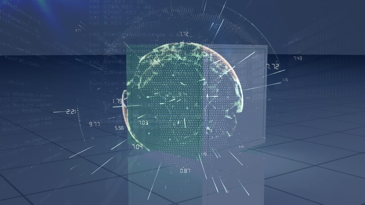 연결 네트워크와 박스 및 그리드 위의 글로브의 애니메이션