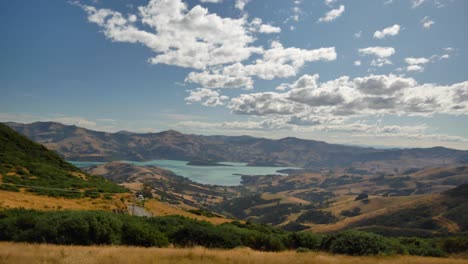 slow pan on the dramatic green hills near akaroa inlet, s island, nz