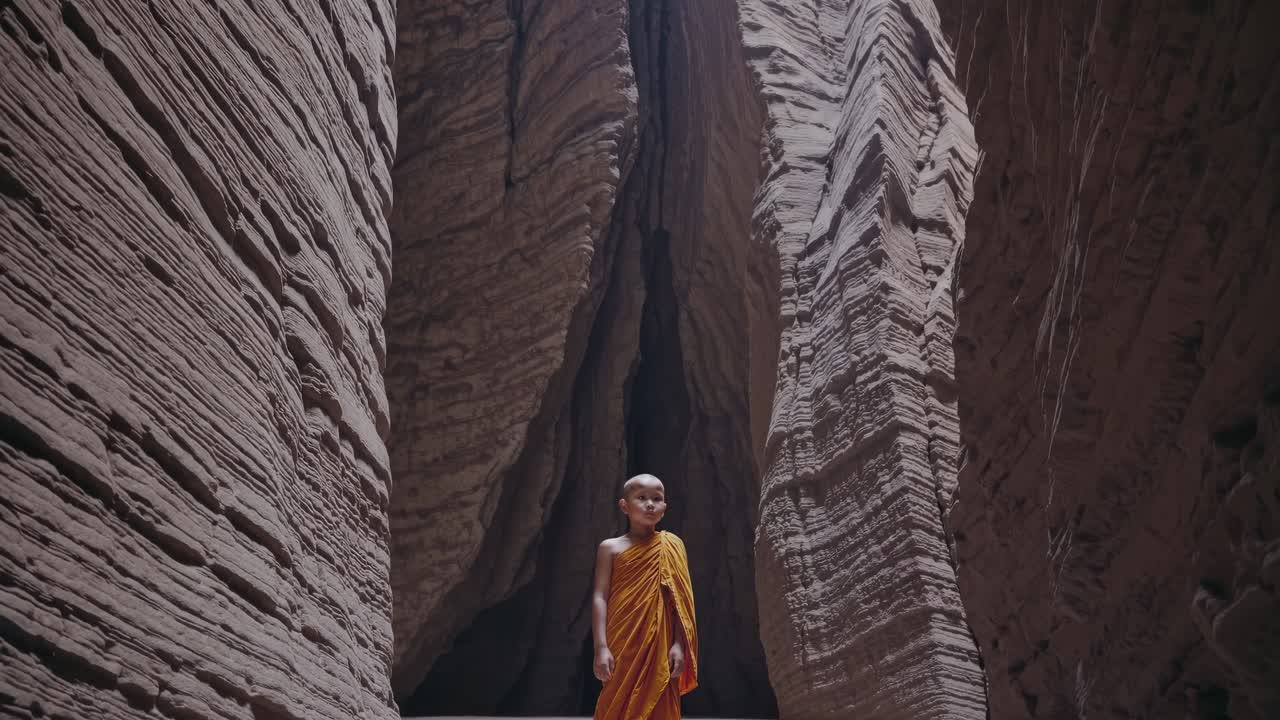 Young monk in orange robe stands confidently in a narrow canyon, surrounded by towering rock formations, showcasing serenity and strength in a breathtaking natural landscape
