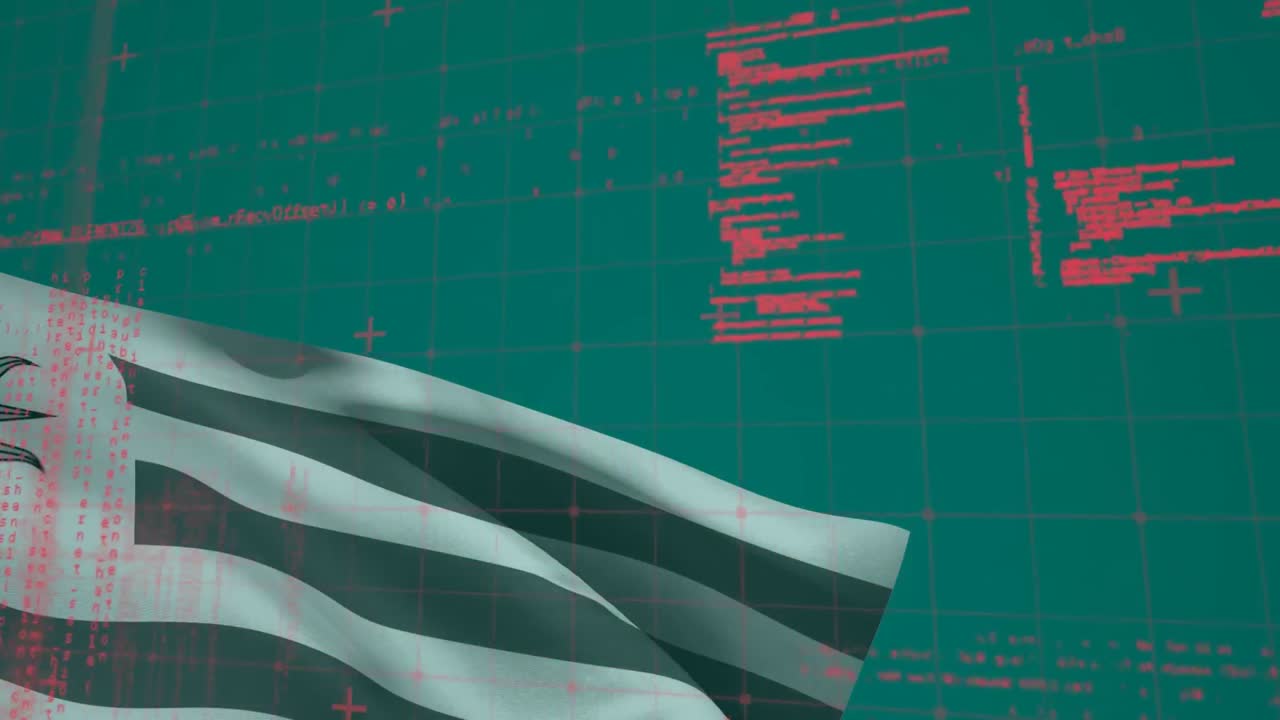 녹색 배경에 우루과이  ⁇ 발을 흔들면서 그리드 네트워크를 통해 데이터 처리하는 애니메이션