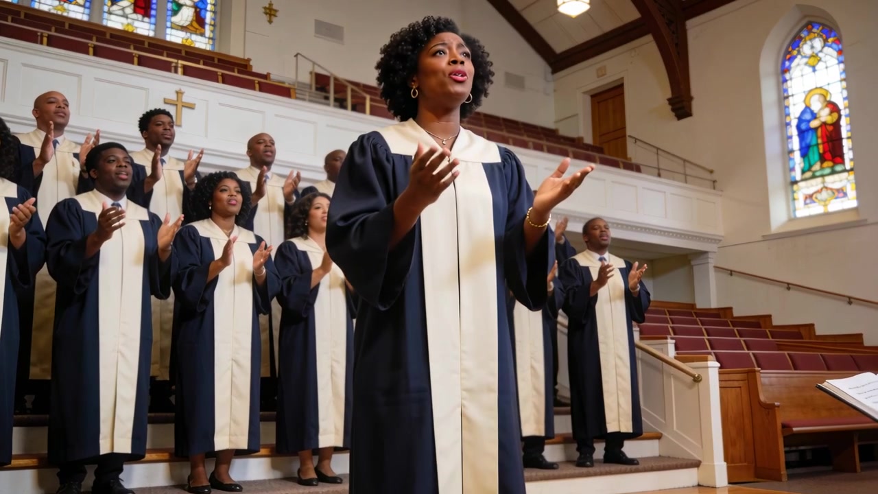 Solista che batte le mani guidando la lode con il coro in un canto responsoriale durante la musica sacra in chiesa, indossando vesti e stole color crema