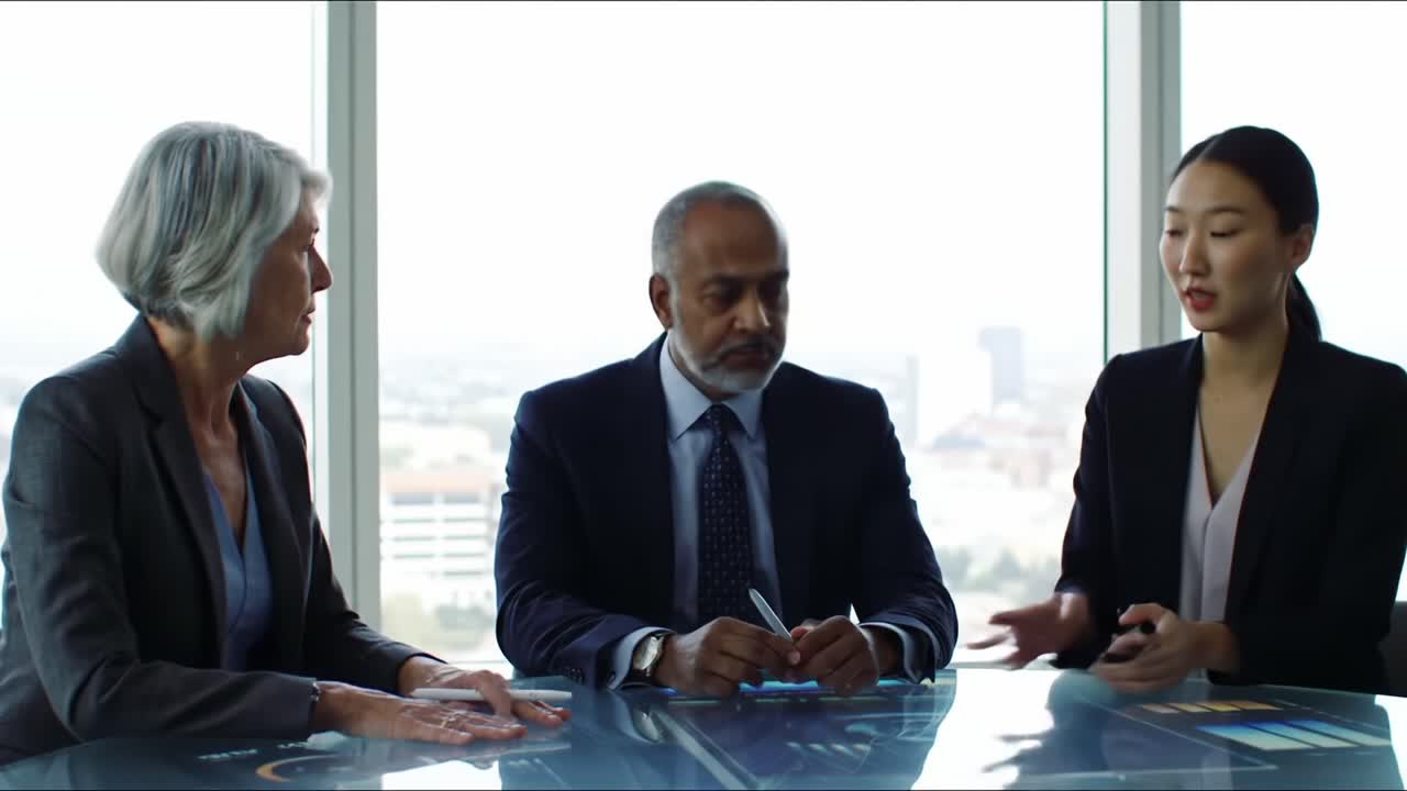 Professional Business Meeting in Modern Office Setting Discussing Strategic Plans and Innovations Among Three Colleagues Engaged in Insights and Analysis