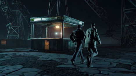 two figures running away from an abandoned amusement park at night
