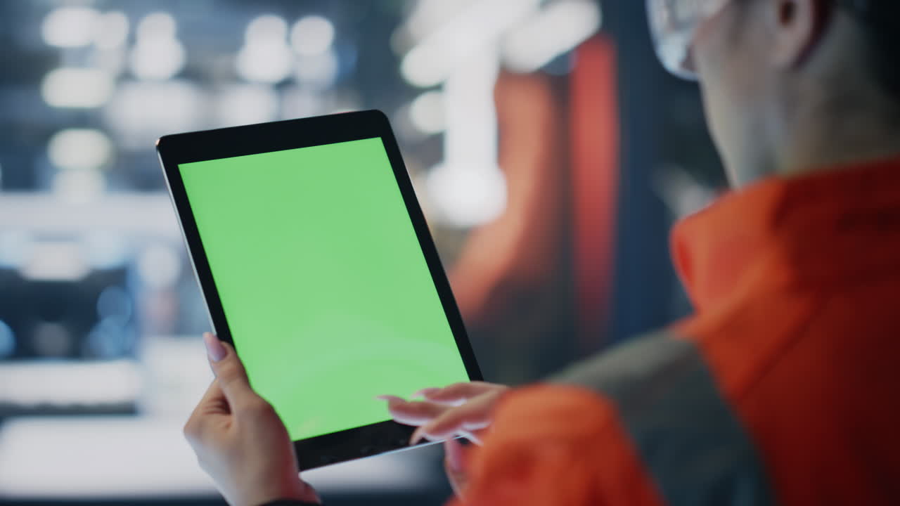 산업용 생산에서 크로마 키 태블릿을 만지는 기술자의 손.