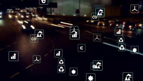 animación de iconos ecológicos con procesamiento de datos sobre el paisaje urbano