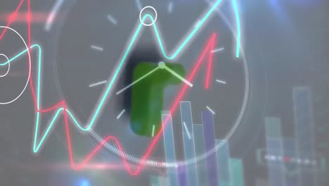 Animation-of-clock,-wave-graph,-bar-graph-and-trading-board-with-map-and-glare