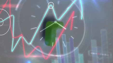 animación de reloj, gráfico de ondas, gráfico de barras y tablero de negociación con mapa y deslumbramiento