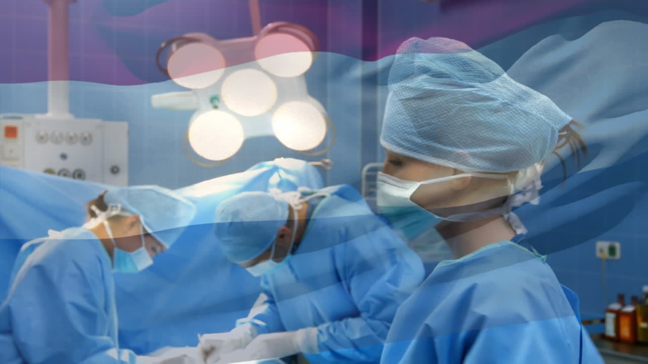 수술실에서 외과 의사 들 위 에 흔들리는 네덜란드 의  ⁇ 발 의 애니메이션