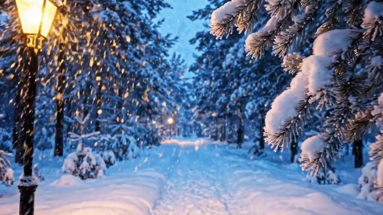 Et fredfullt vinterlandskap: En snødekket sti opplyst av mykt lyktelys i en rolig skog under en blå himmel, som fremkaller fredelige høytidsøyeblikk.