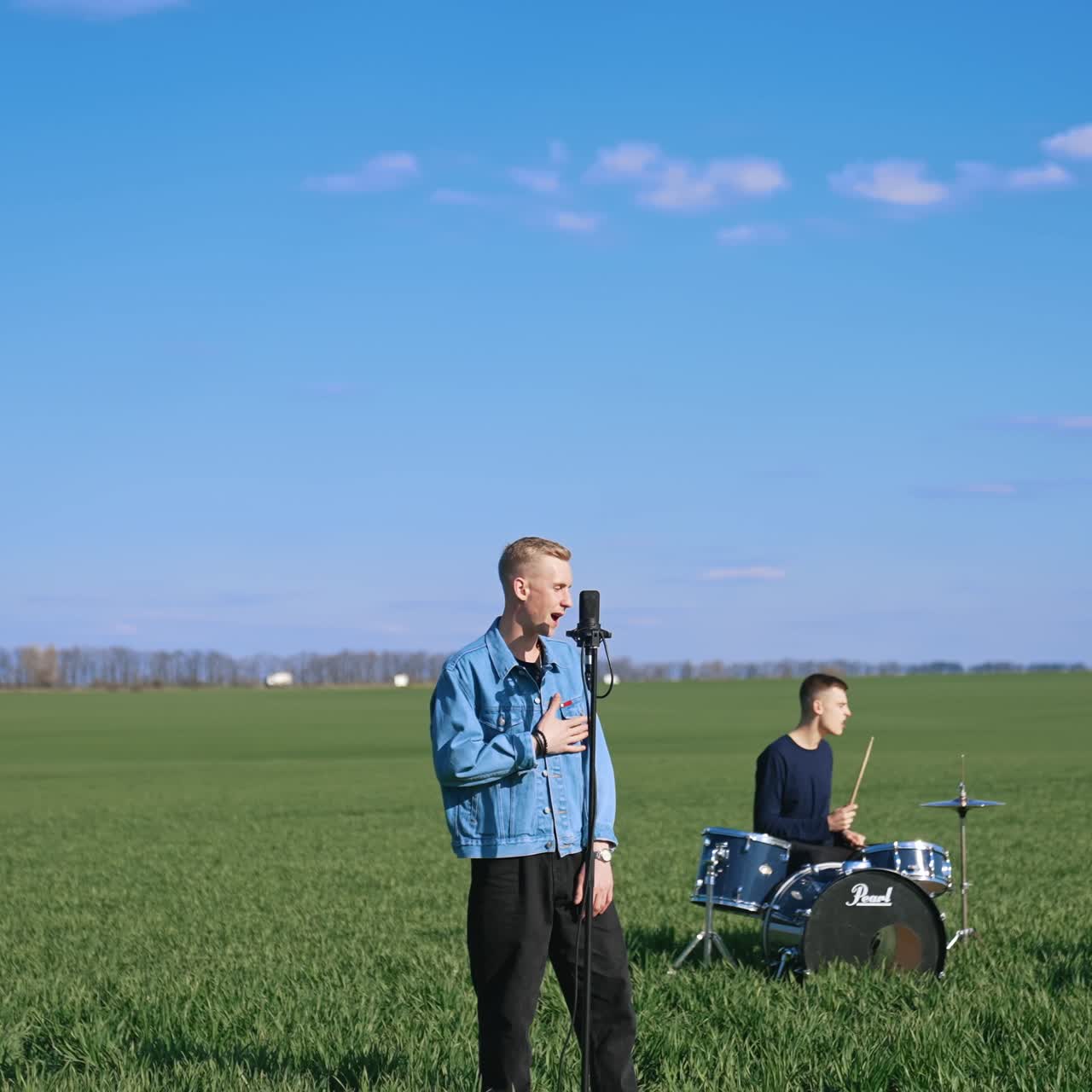 Musical band on field. Young musical band performing concert on nature