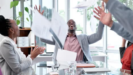 office, celebration and business people with paper