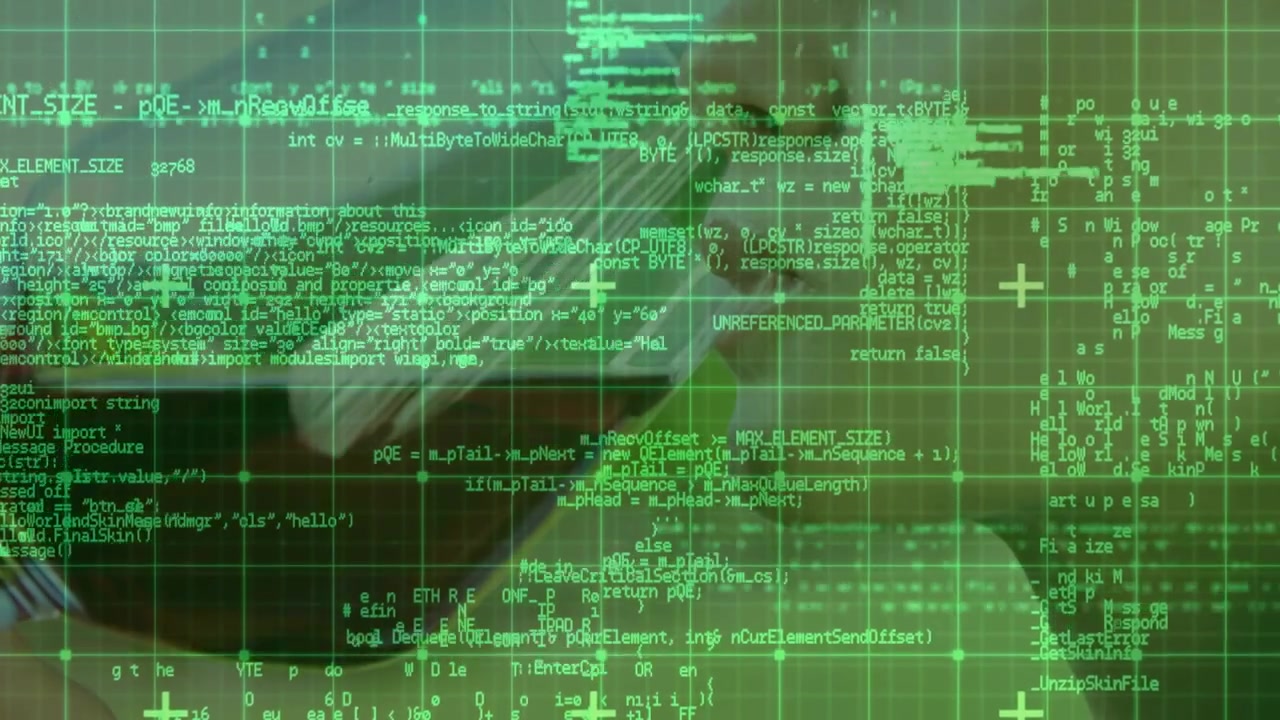 Woman holding smartphone to ear initiating tech monitoring with green code grid scanning call data