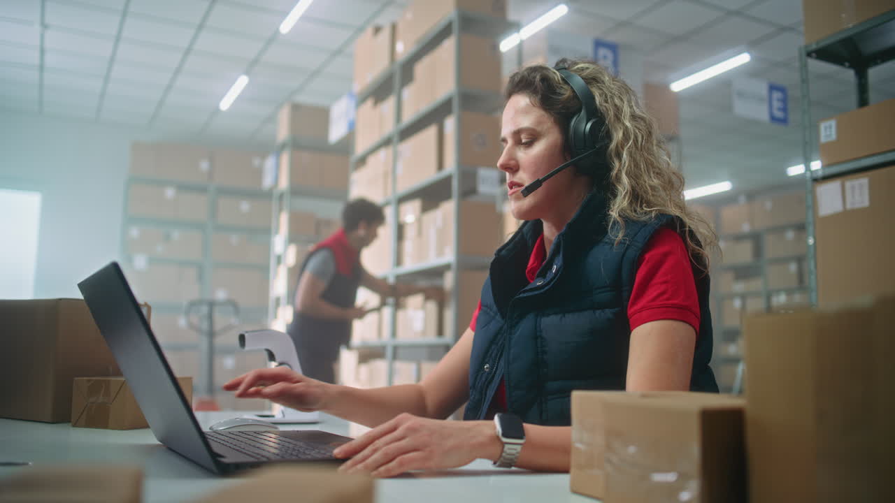 trabajador de almacén que utiliza portátil y auriculares