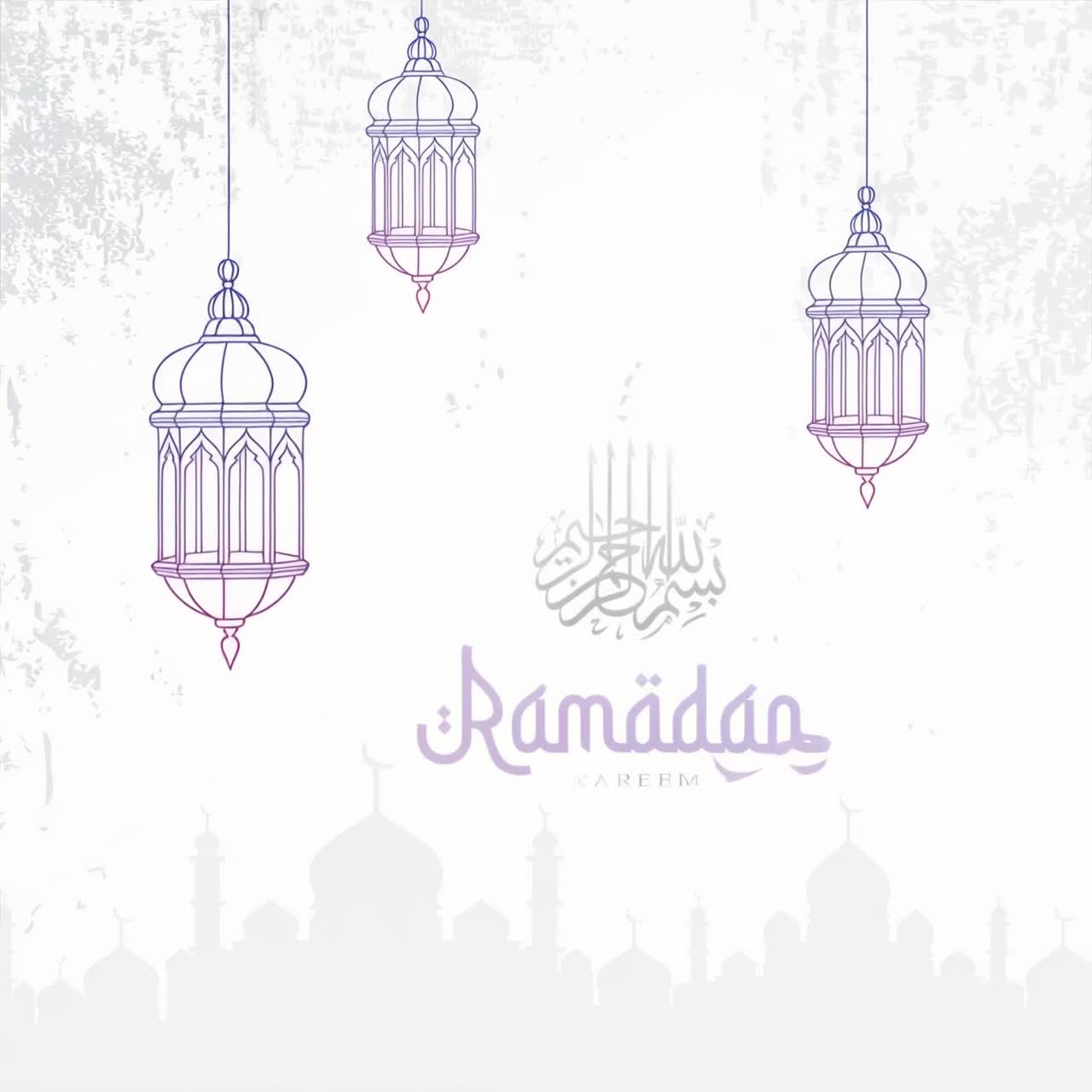 Animazione Ramadan Kareem con lanterne pendenti, calligrafia araba, silhouette di moschea su sfondo bianco.