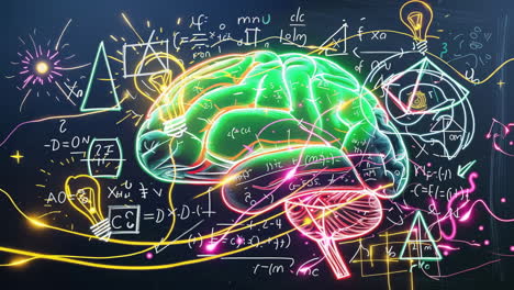 neon brain on a blackboard with mathematical formulas and ideas
