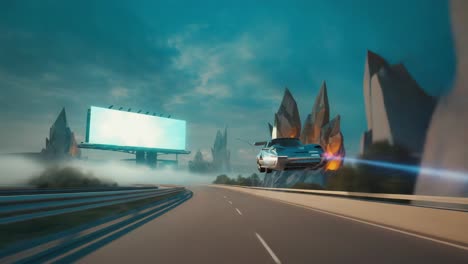 futuristic flying car on a sky highway with abstract mountains