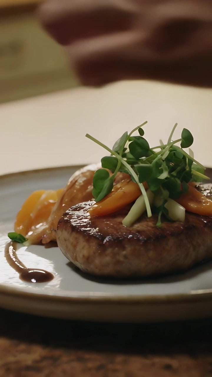 Vertical video: Entering veined chef hand adjusting microgreens on counter, seared patty with sauce