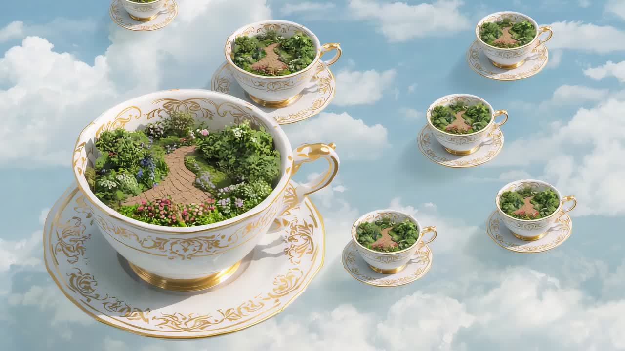 Pulling back shot showing china teacup with mini garden, gold trim, revealing far cups over clouds