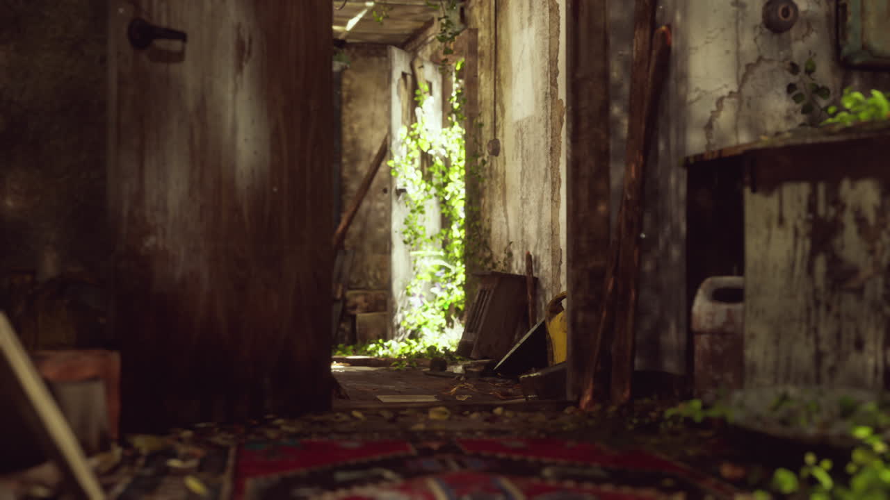 폐허가 된 버려진 식물로 뒤 ⁇ 인 내부