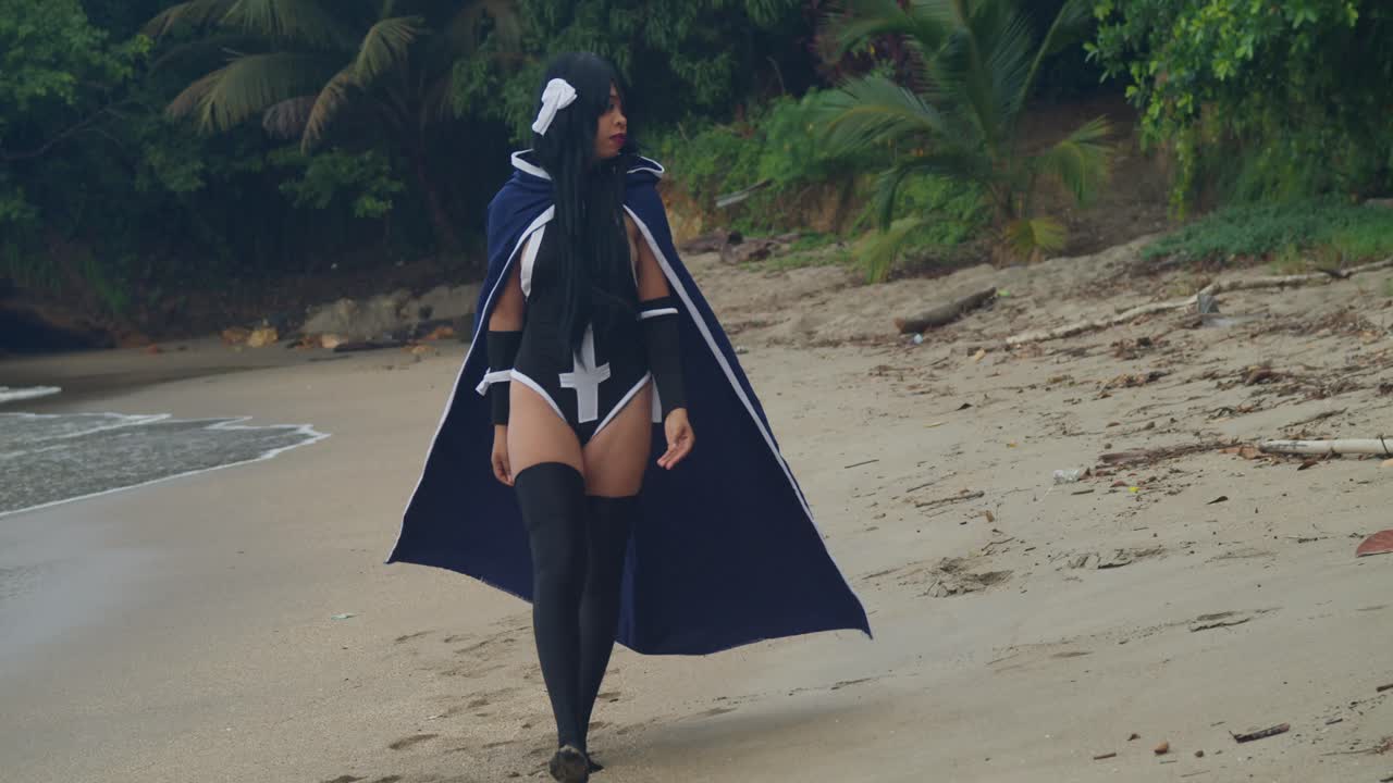 A light-skinned cosplayer relaxing by the turquoise waters of the Caribbean, enjoying the tropical breeze in her outfit