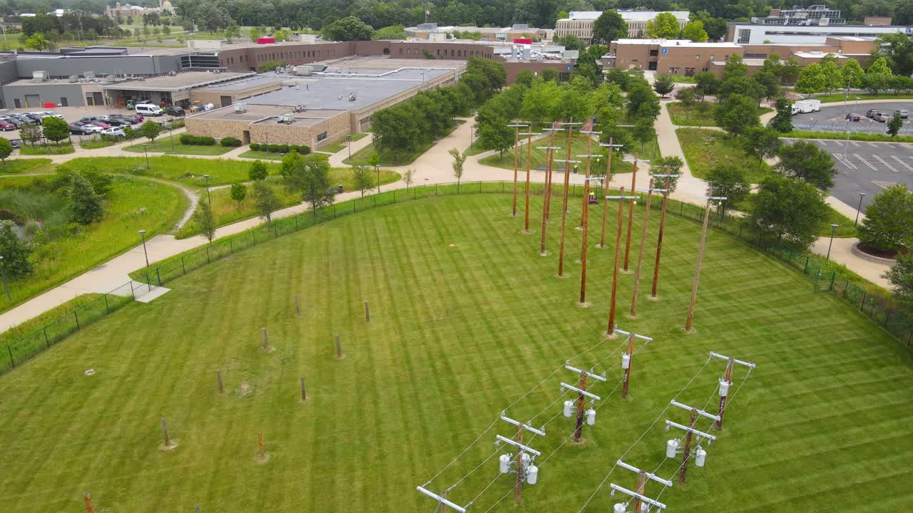 Lineman training ground of Henry Ford College, Dearborn Michigan, USA, aerial view
