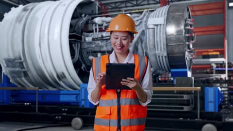 asian female engineer with safety helmet working on a tablet while standing with airplane engine maintenance conducted