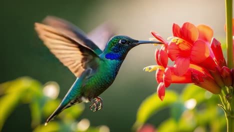 A Stunning Hummingbird in Mid-Flight Approaching a Bright Red Flower, Captivating the Beauty of Nature with Vibrant Colors and Intricate Details