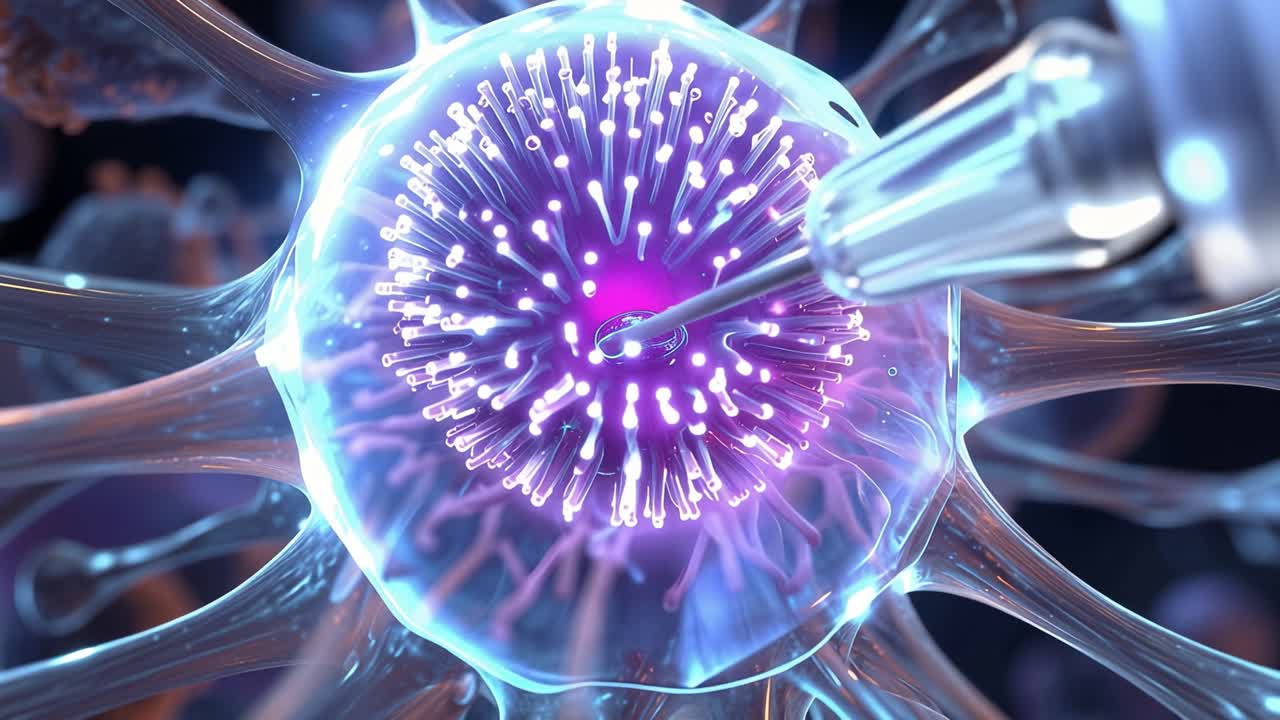 Ingewikkelde beelden van een vaccininjectie in een levendige cel, die de kruising van geneeskunde en biologie toont in een prachtige microscopische wereld.