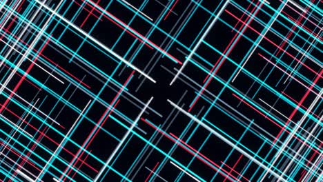 many flowing narrow colorful lines. animation. abstract four rotating fragments with many colorful crossed beams isolated on black background, seamless loop