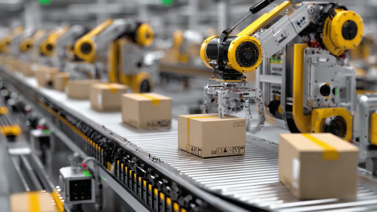 Automated Robotics in Action: A Cutting-Edge Warehouse System with Advanced Robotic Arms Efficiently Handling Packages on a High-Speed Production Line