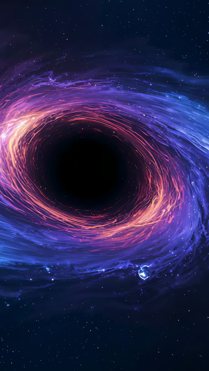 Vertical video: Spinning ring around dark core pulling debris inward via gravity in space