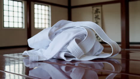 folded white karate gi in a dojo