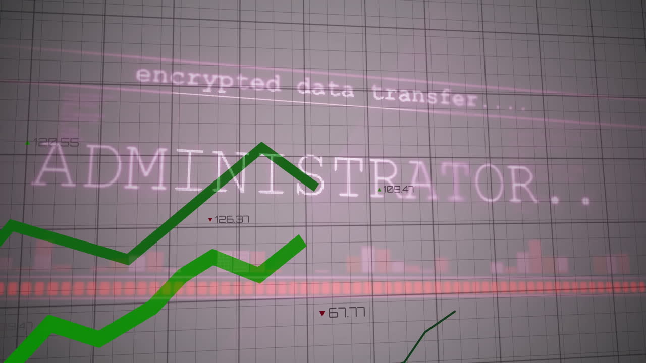 Encrypted data transfer interface being animated on screen, showing green zigzag lines and red bars