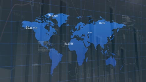 Animation-Von-Statistiken-Und-Zahlen,-Verarbeitung-Von-Finanzdaten-über-Einer-Weltkarte