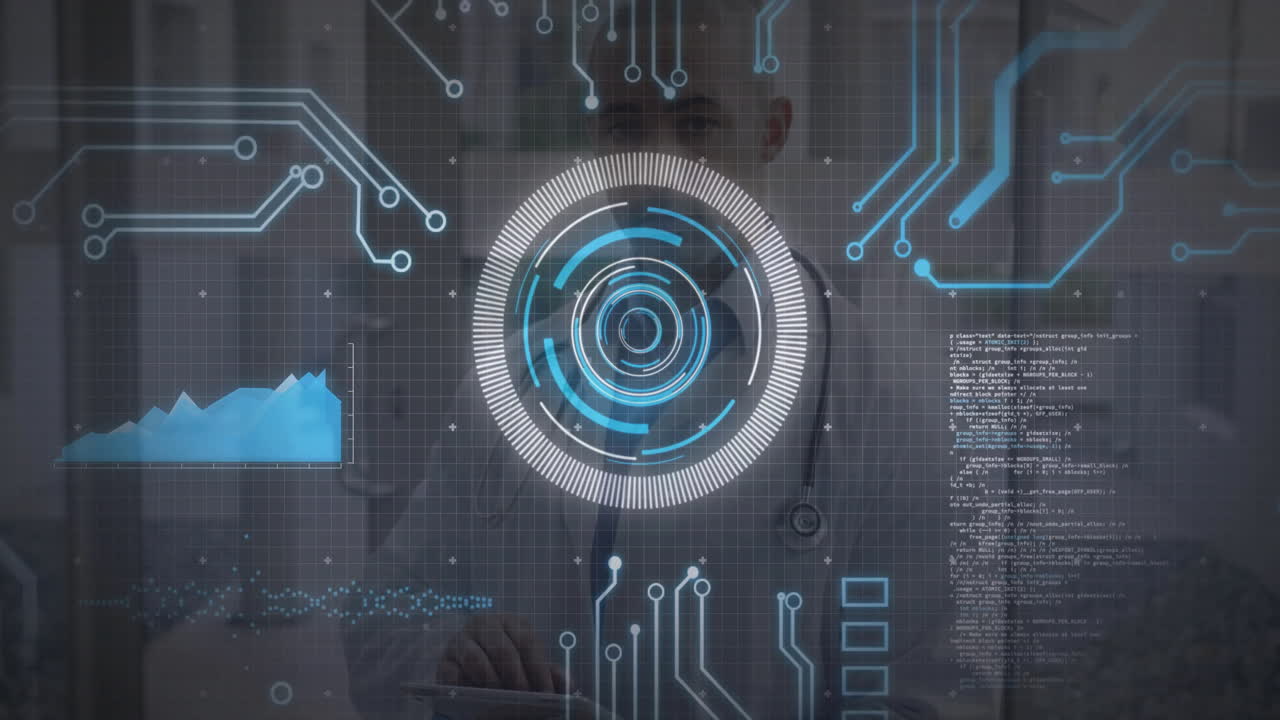 Male doctor interacting with tablet in medical tech lab, displaying holographic charts and circuits