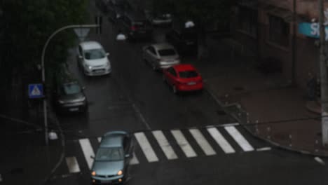 rainy city street view