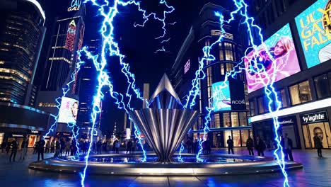 electric fountain in a city at night