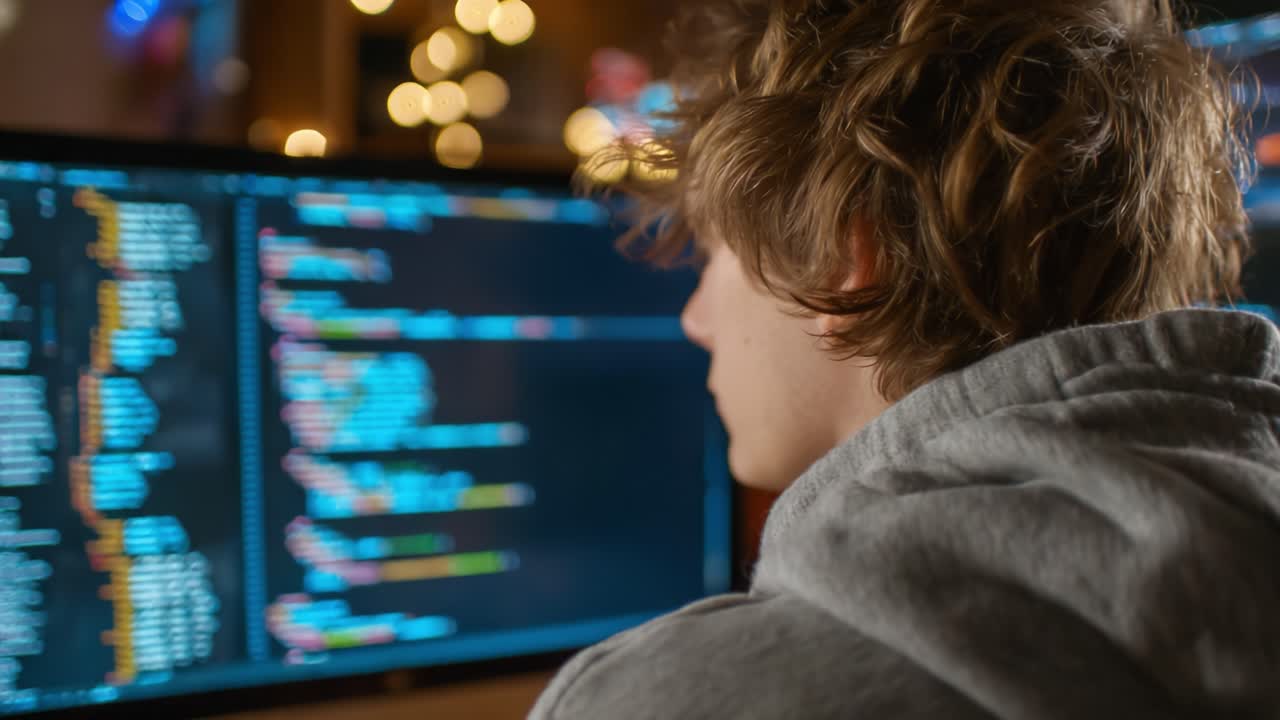 Concentrated Programmer Engaged in Coding Tasks in Dimly Lit Room Surrounded by Soft Background Lights, Focusing on Screen Displaying Lines of Code