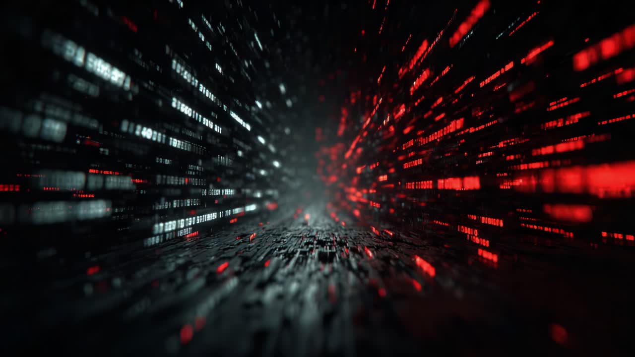 A Dynamic Visualization of Digital Data Flow: Exploring the Depths of Data Streams Through an Abstract Tunnel of Vertical Lines in Red and Black Hues