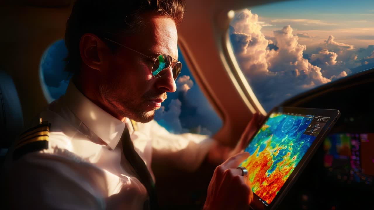 Pilot Analyzing Weather Patterns on a Tablet While Flying Above Majestic Clouds, Capturing the Essence of Aviation and Technology in Modern Cockpits