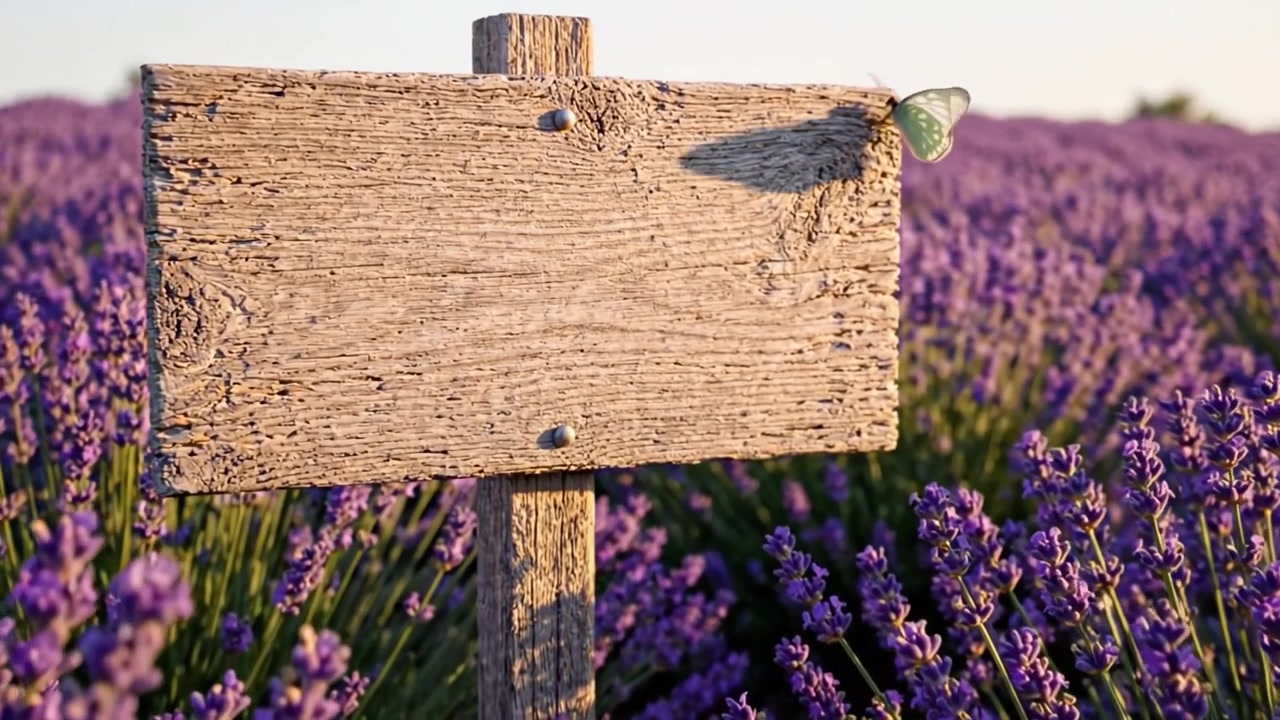 Un sereno campo di lavanda con un cartello di legno rustico in mezzo a un mare di fioriture viola bagnato dalla dolce luce del tramonto, che cattura l'essenza della tranquillità e della bellezza della natura.