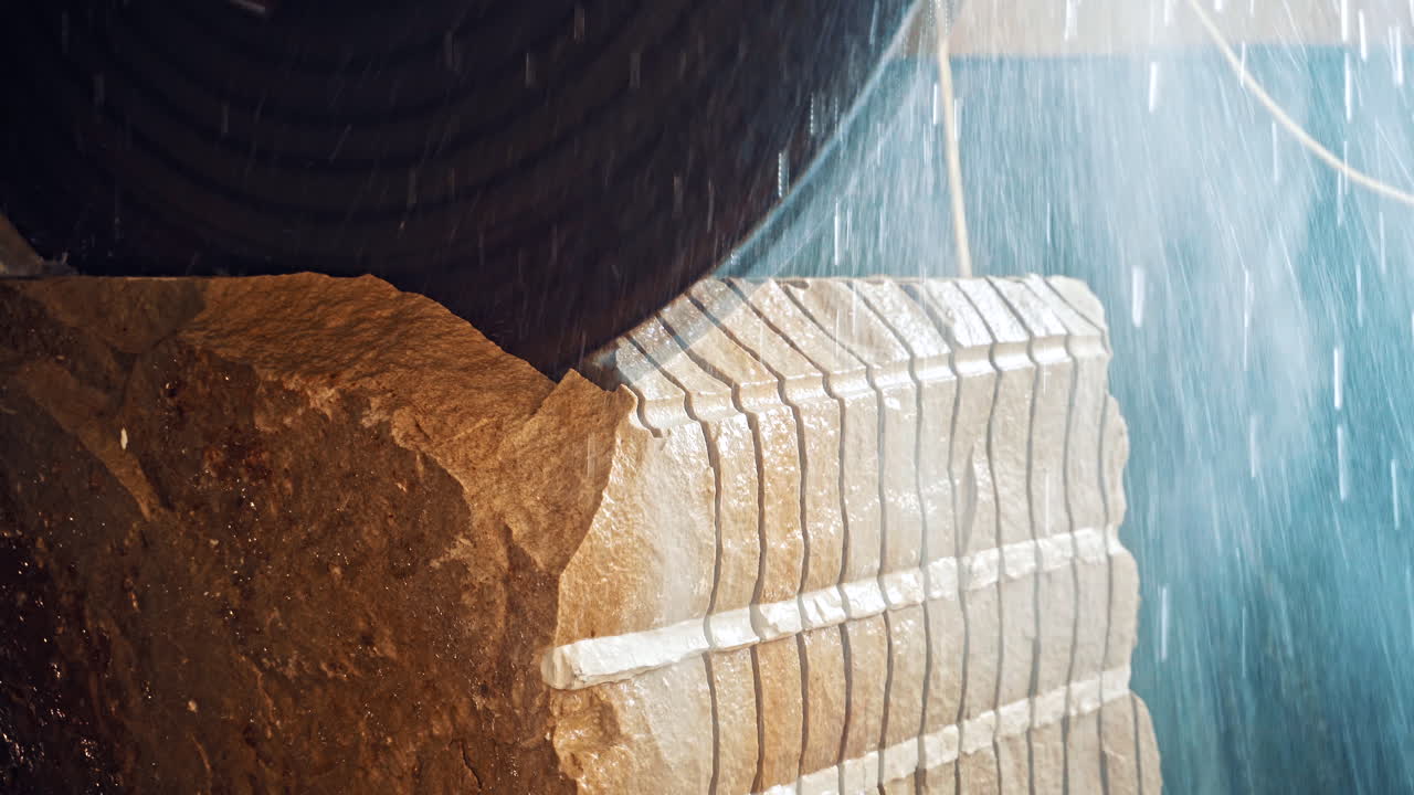 Machine for marble in factory. Close up of detail of circular saw used to cut granite