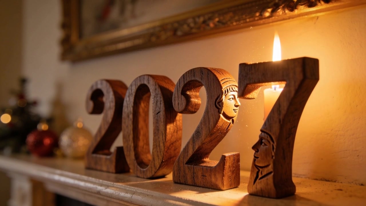 Candela tremolante in <7>scultura in legno intagliato del 2027</7> sul caminetto di casa, che mostra braci che si alzano